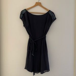 Club Monaco silk shift dress with waist tie and beaded shoulders.